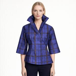 Lorain Croft Silk Wired Collar Abstract Print Jacket Medium Blue Brown